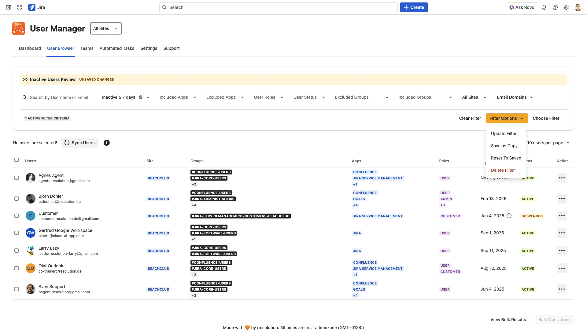 Filter Options dropdown with unsaved changes