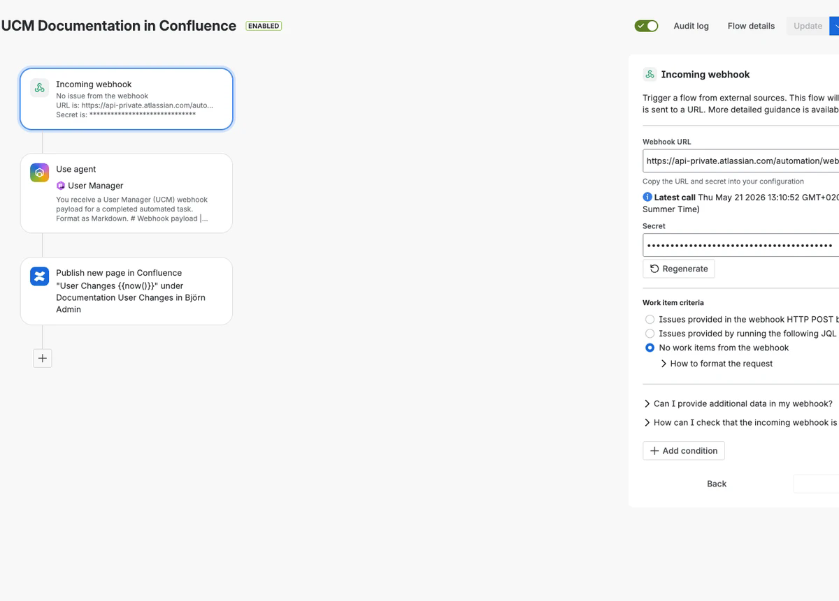 Incoming webhook trigger with Work item criteria set to No work items from the webhook.
