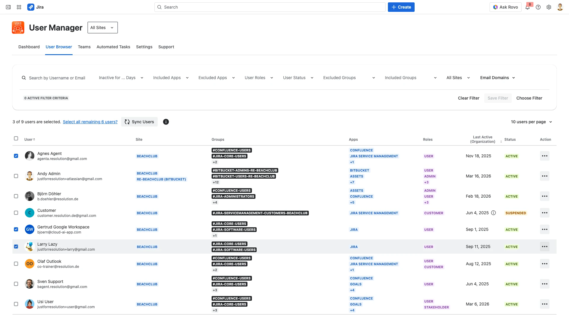 User Browser with multiple users selected for bulk operations
