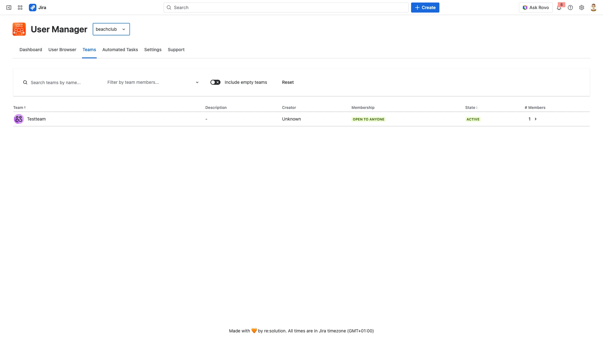 Teams overview showing list of teams with search and filter options