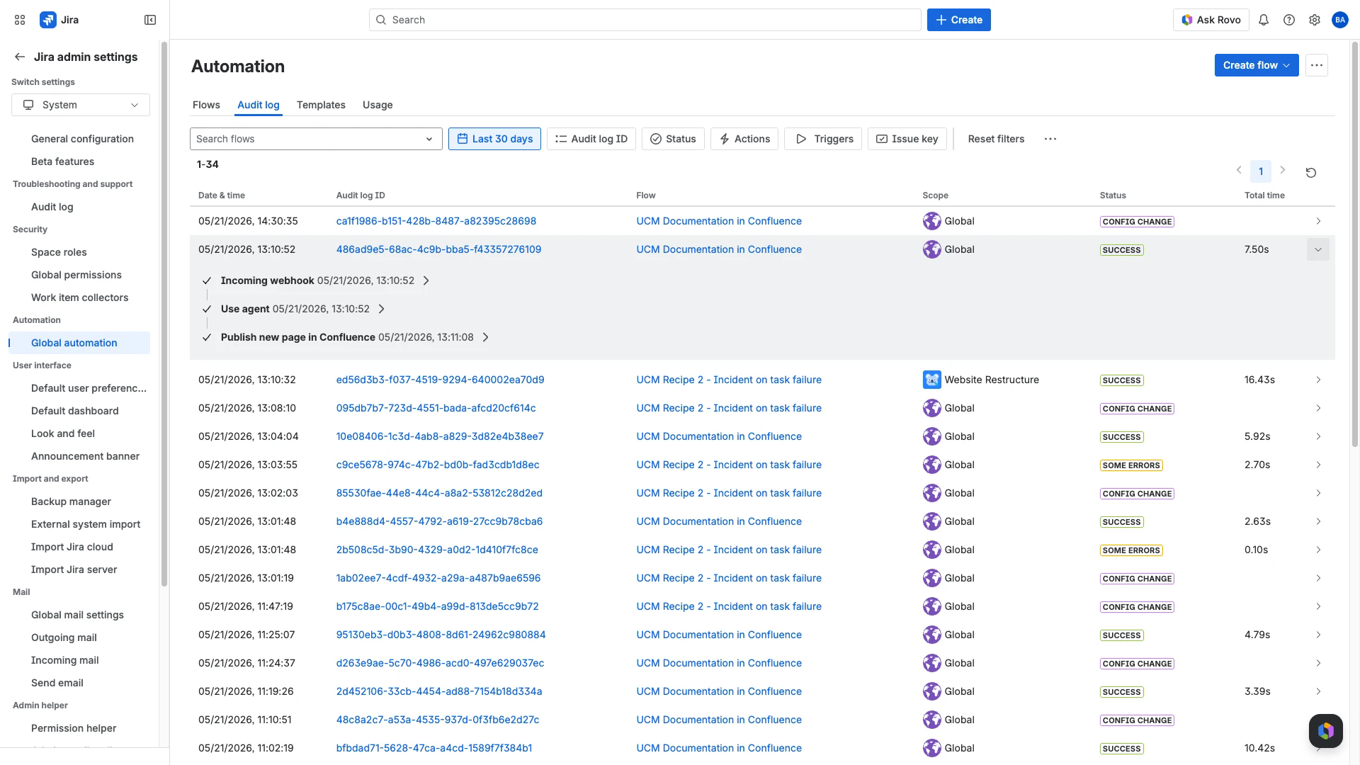 Atlassian Automation Audit Log with an expanded entry showing the Incoming webhook, Use agent, and Publish new page operations chain.
