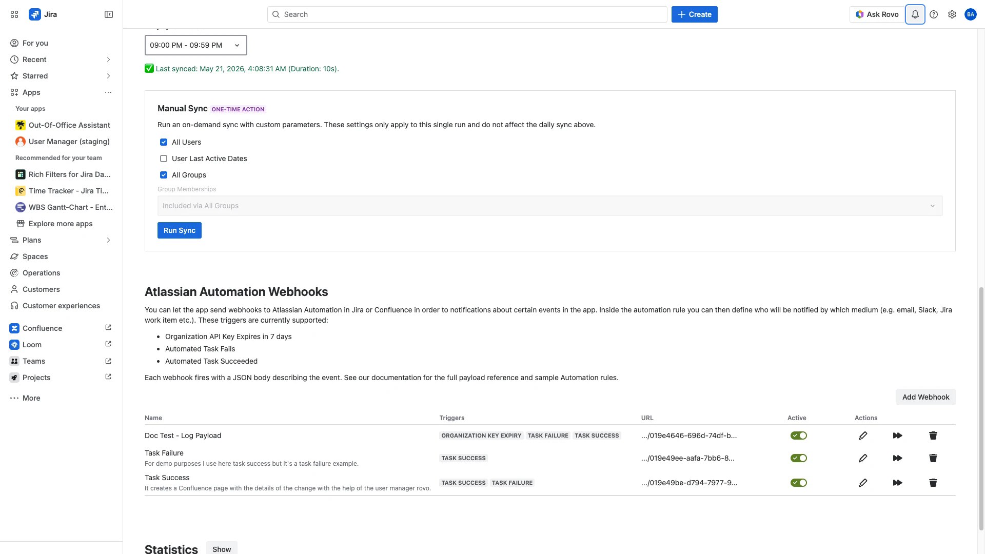 Notification Settings panel listing configured Atlassian Automation webhooks with their triggers.