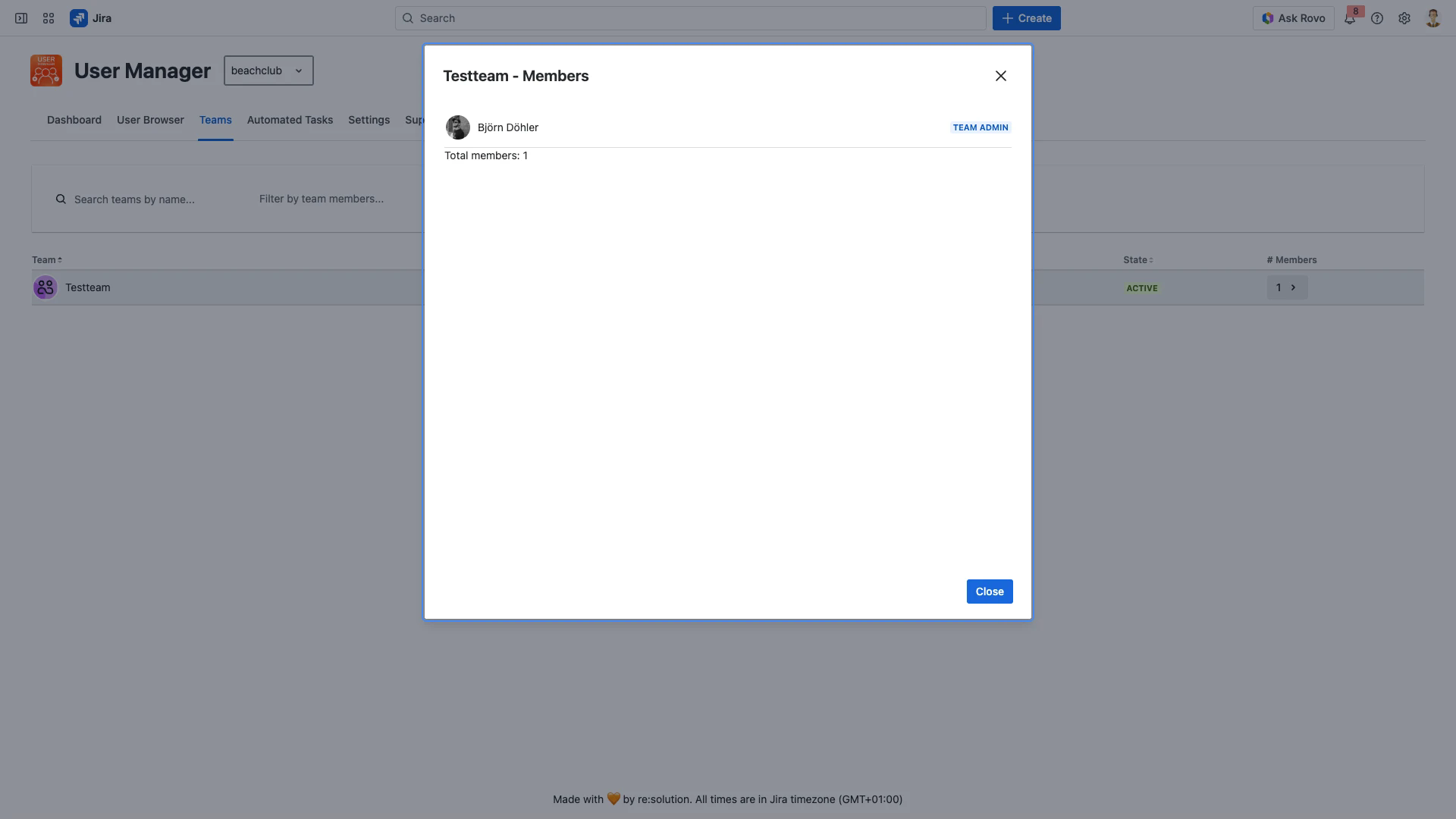 Team members dialog showing member details and roles