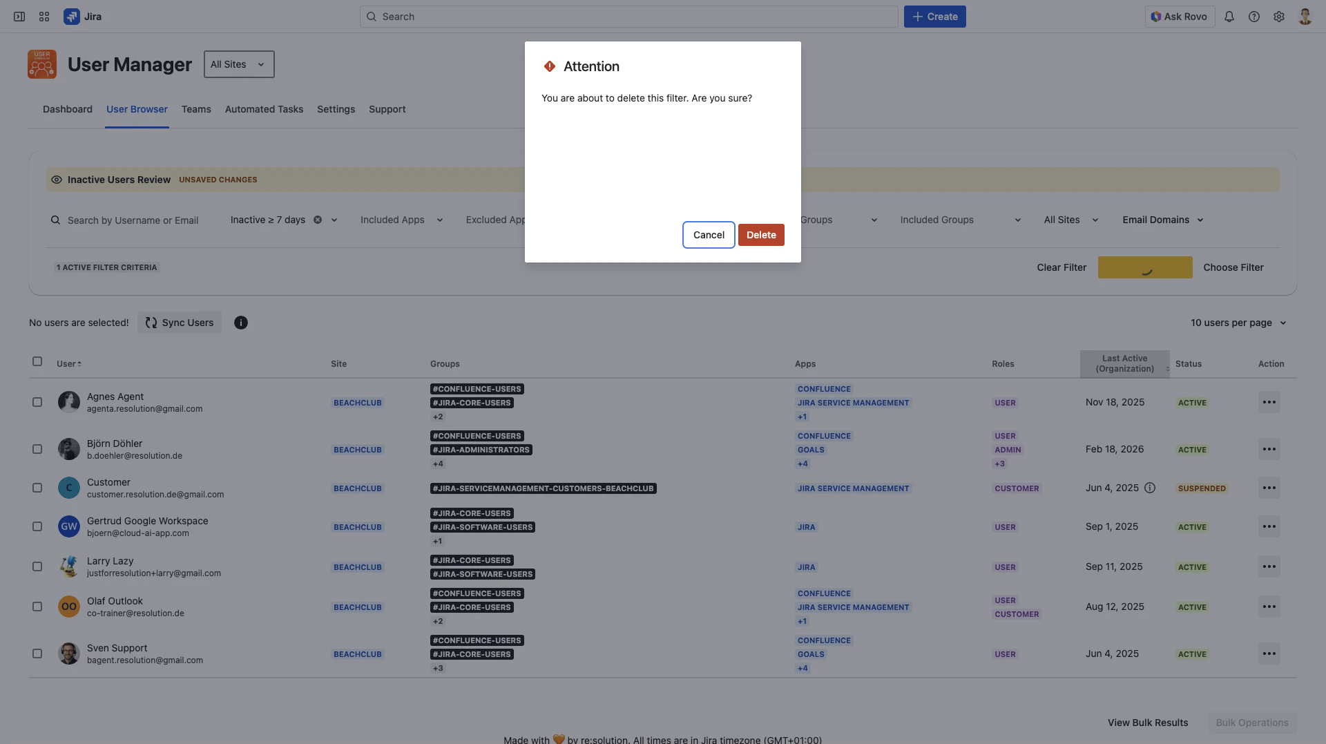Delete filter confirmation dialog