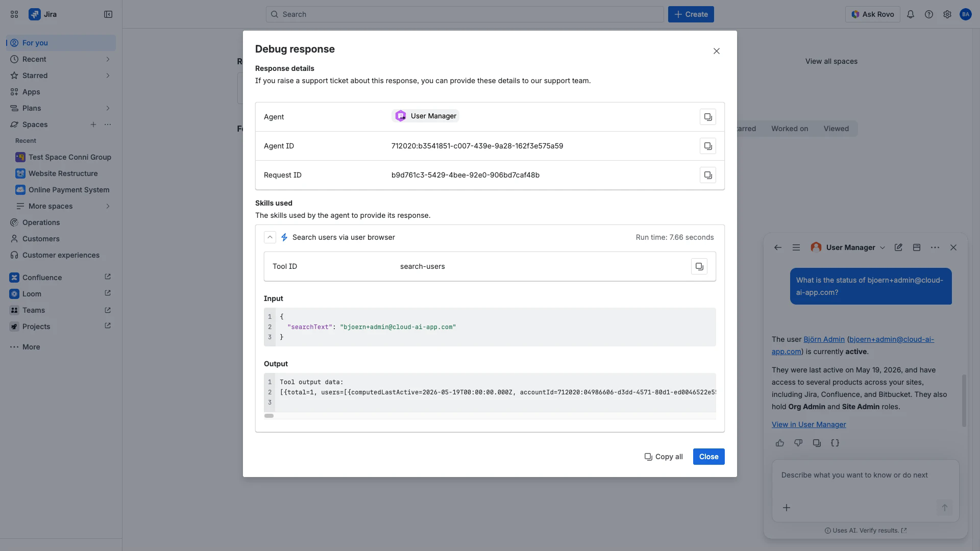 Debug panel showing the resolved search-users Tool ID, input, and output.