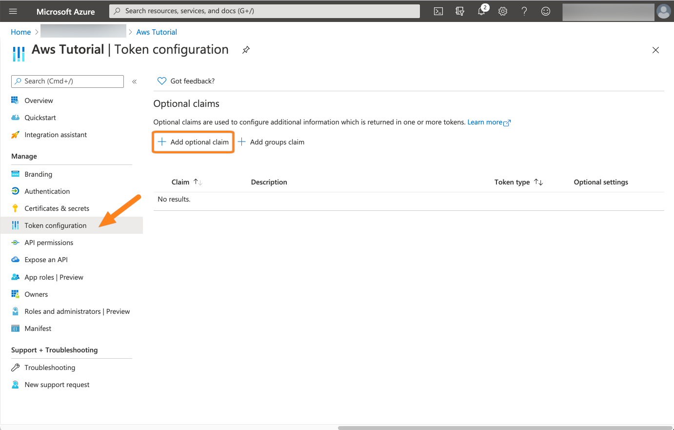 Go to token configuration and click add optional claim