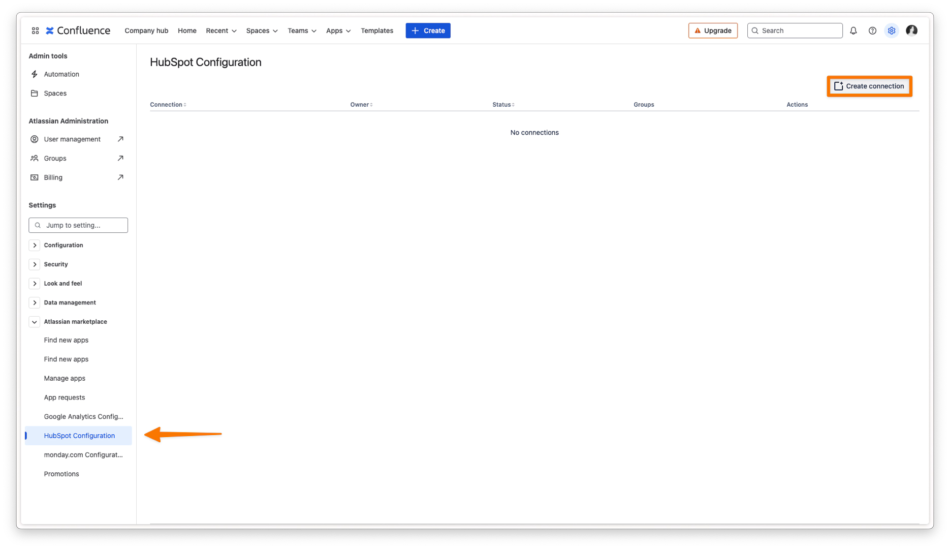 Create a Connection HubSpot for Confluence Annotated.webp