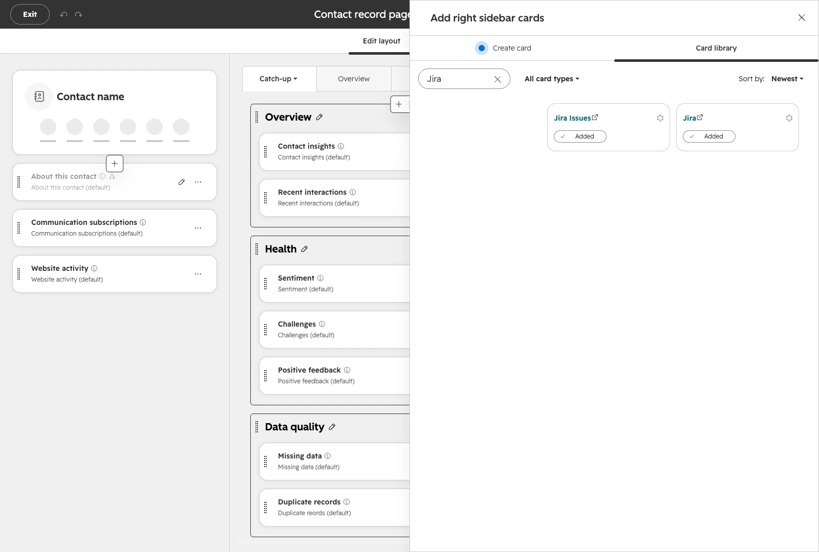 Card library filtered to Jira in the Add right sidebar cards panel