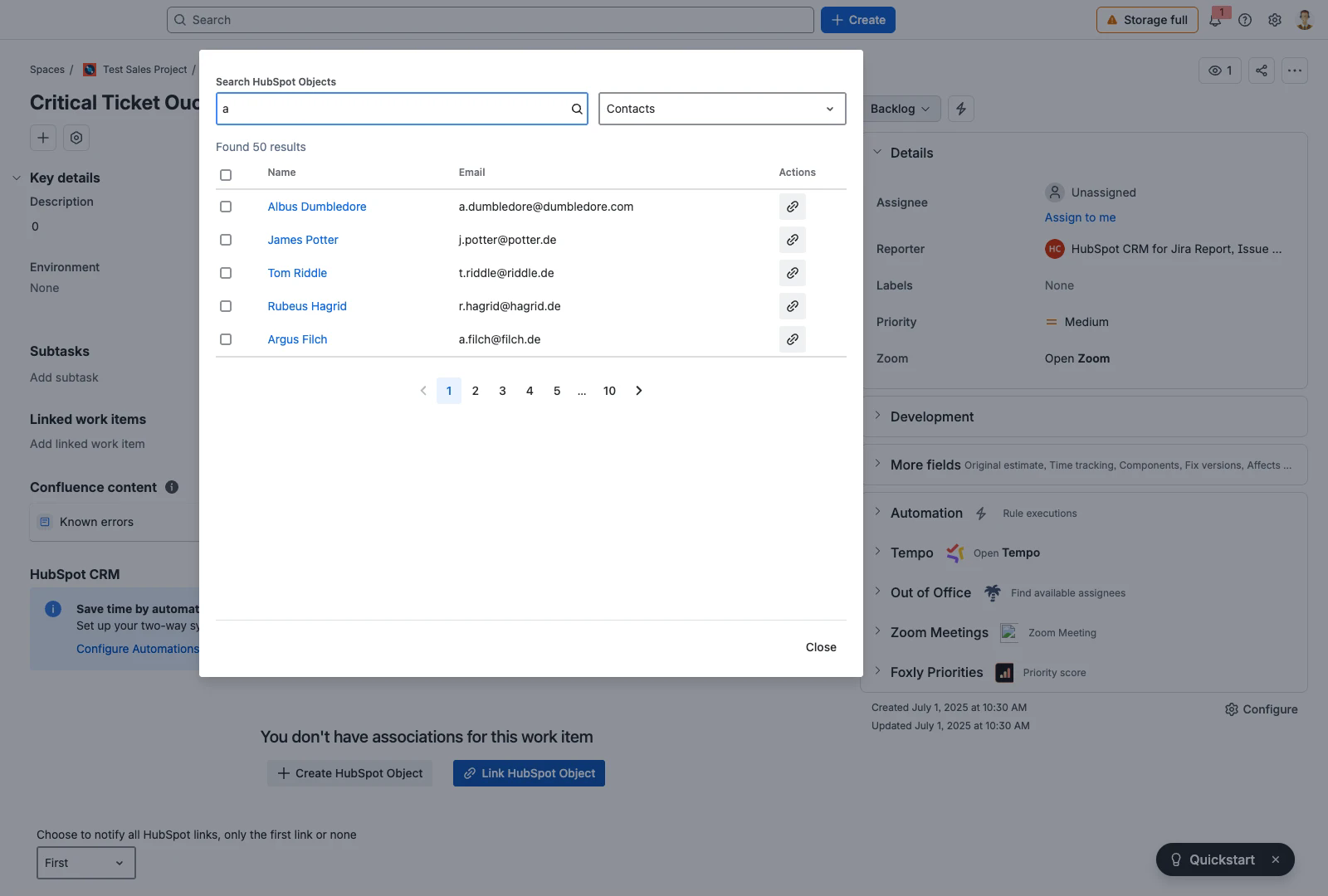 Search HubSpot Objects dialog with contact results