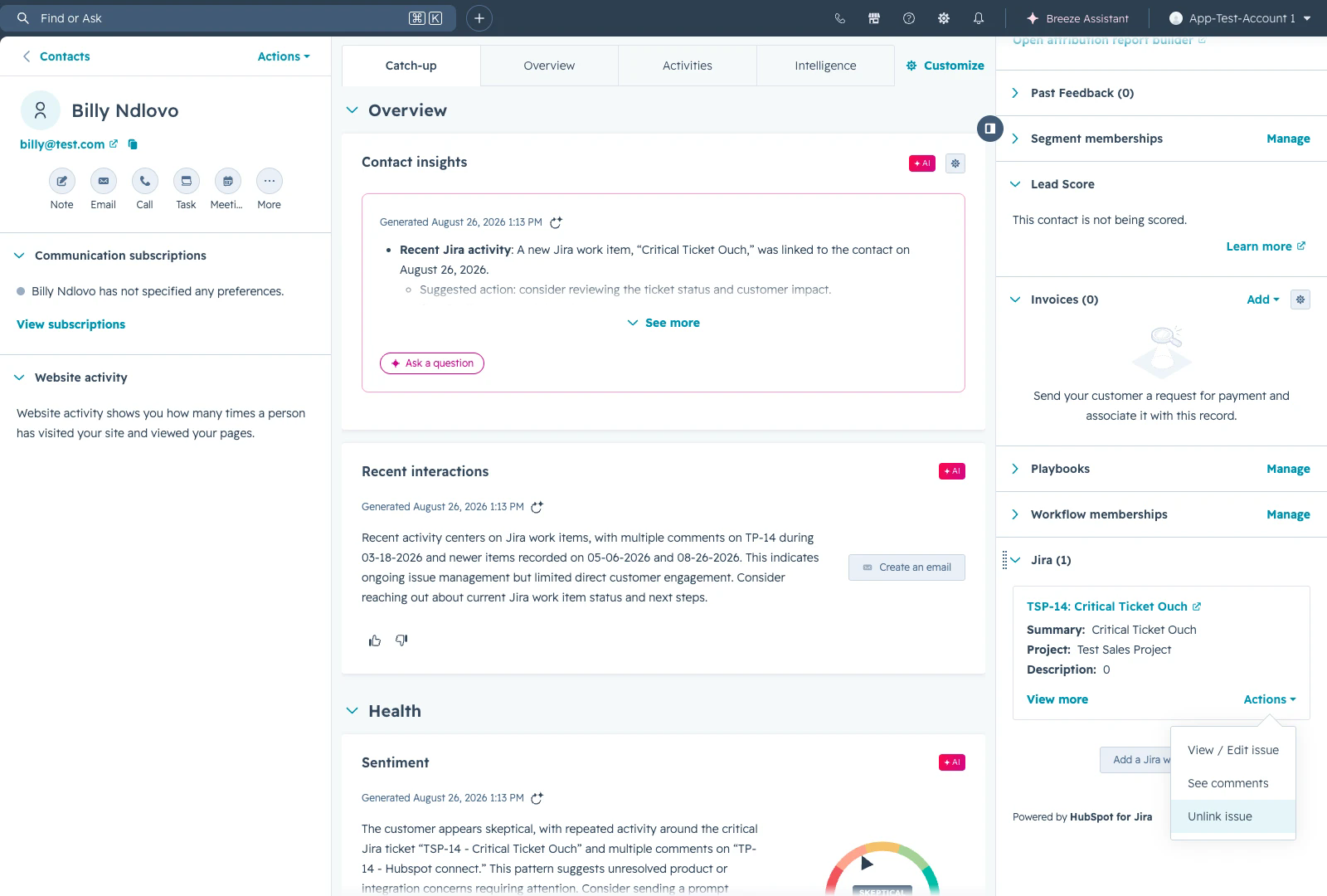 Jira card on a HubSpot contact record with the Actions menu open