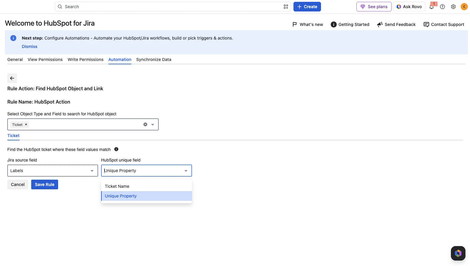 Automation rule with the HubSpot unique field list open