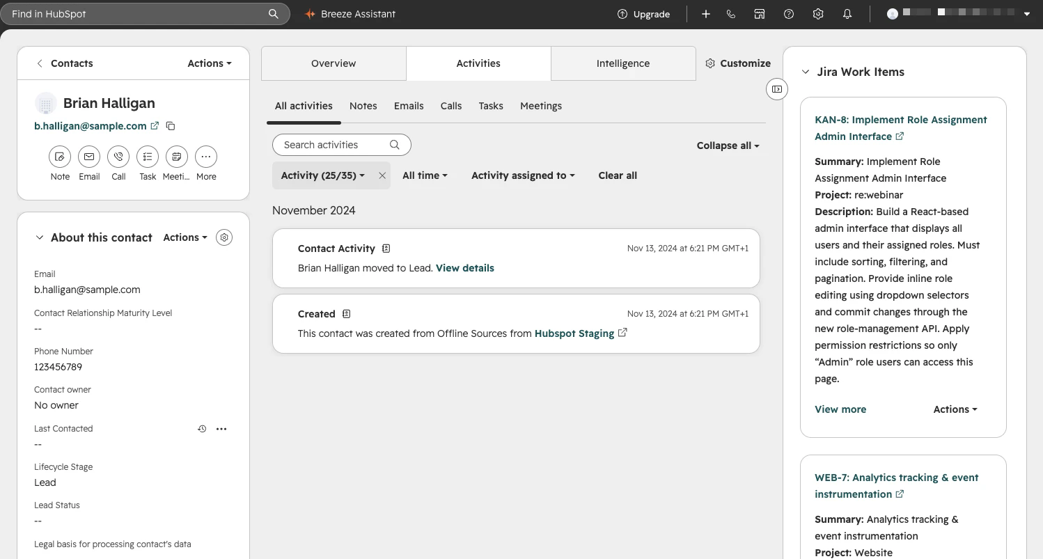 Contact record with the Jira Work Items card in the right sidebar