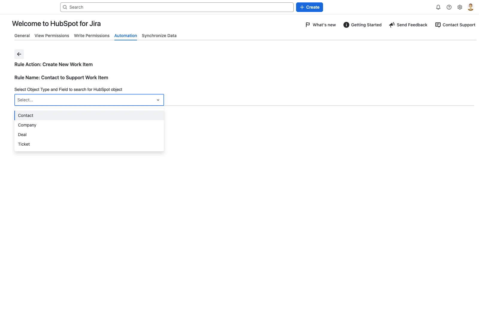 Automation rule form with the HubSpot object type dropdown open