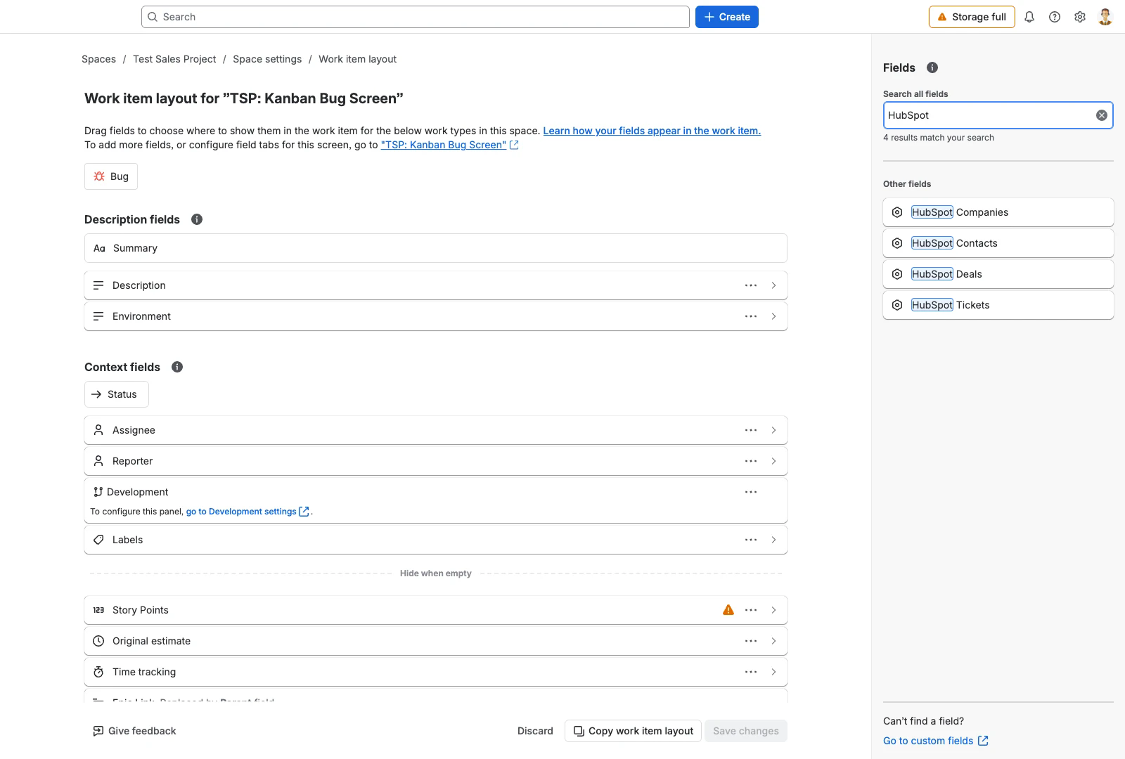 Work item layout editor with HubSpot typed into the field search