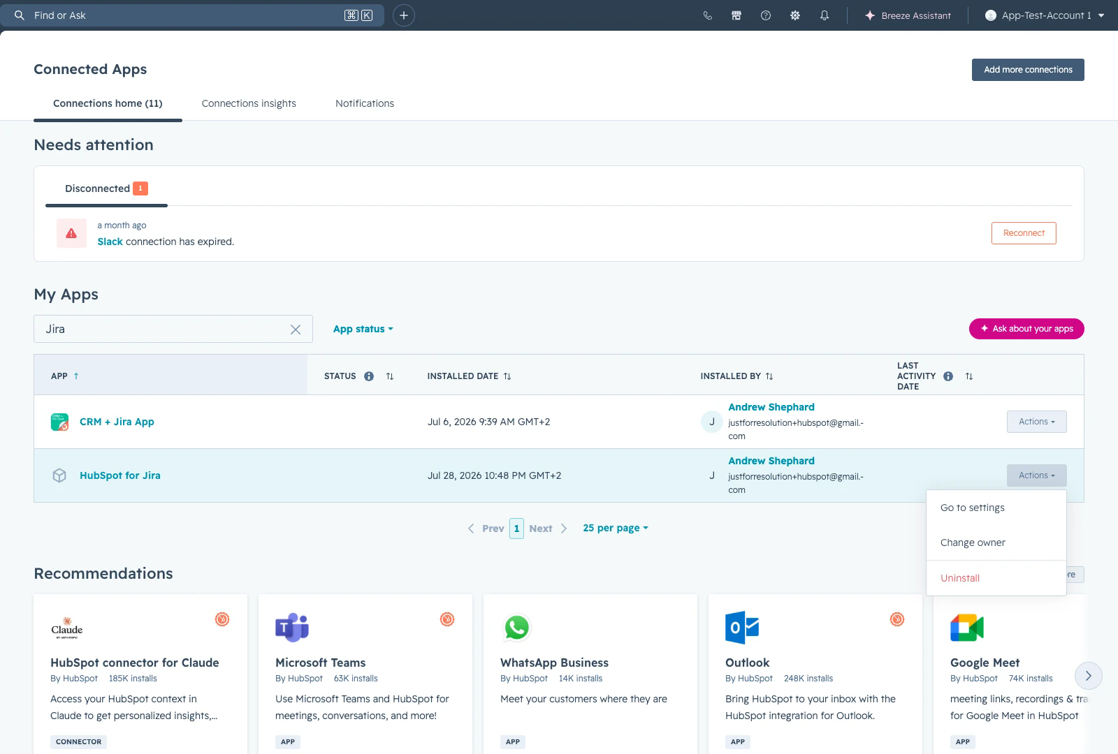 Connected Apps in HubSpot with the Actions menu open on the HubSpot for Jira row