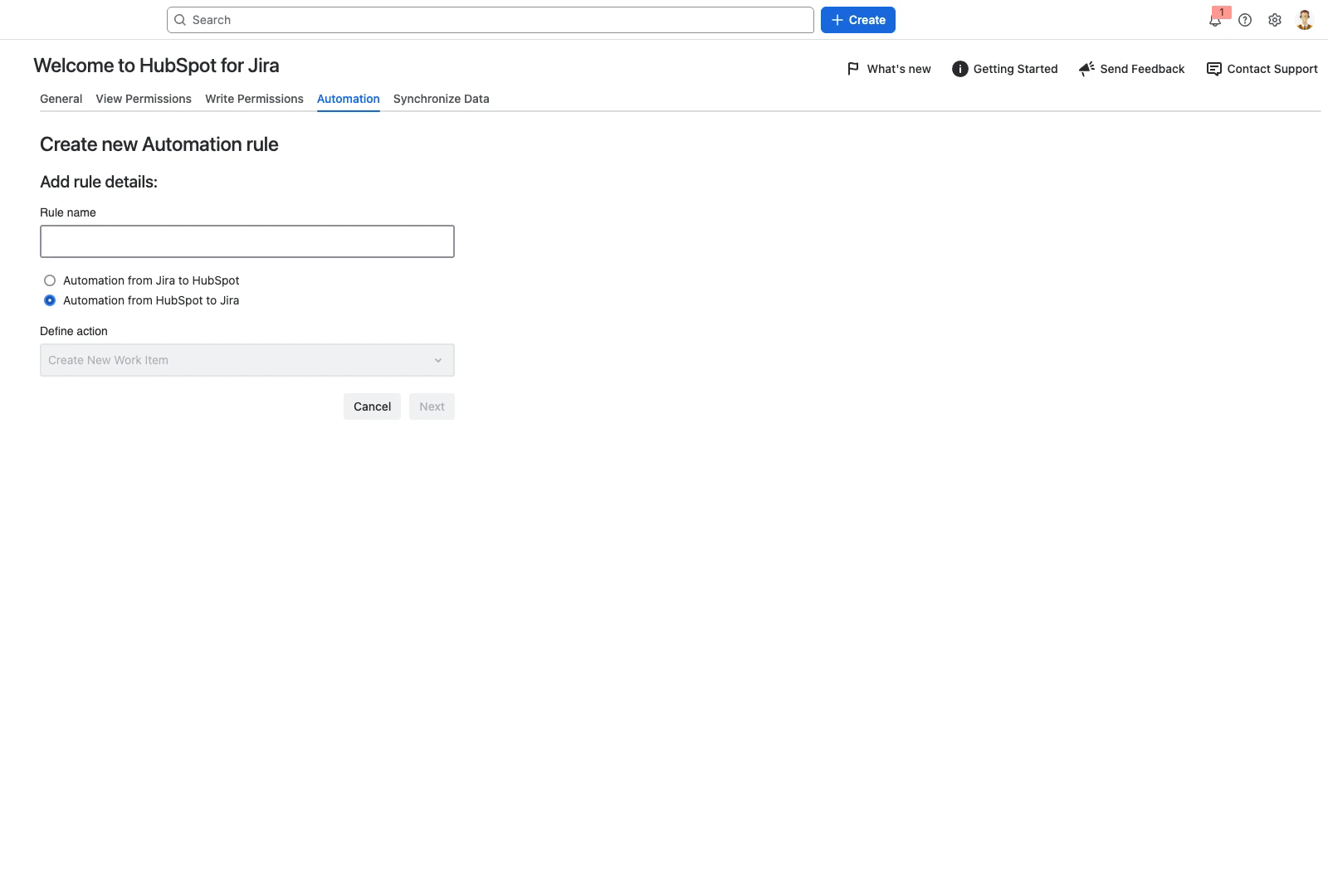 Automation rule form with the HubSpot to Jira direction selected