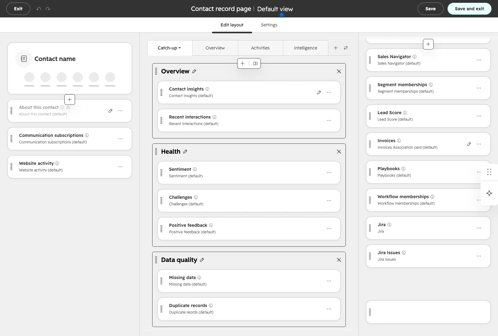 Layout editor with the Jira card in the right sidebar