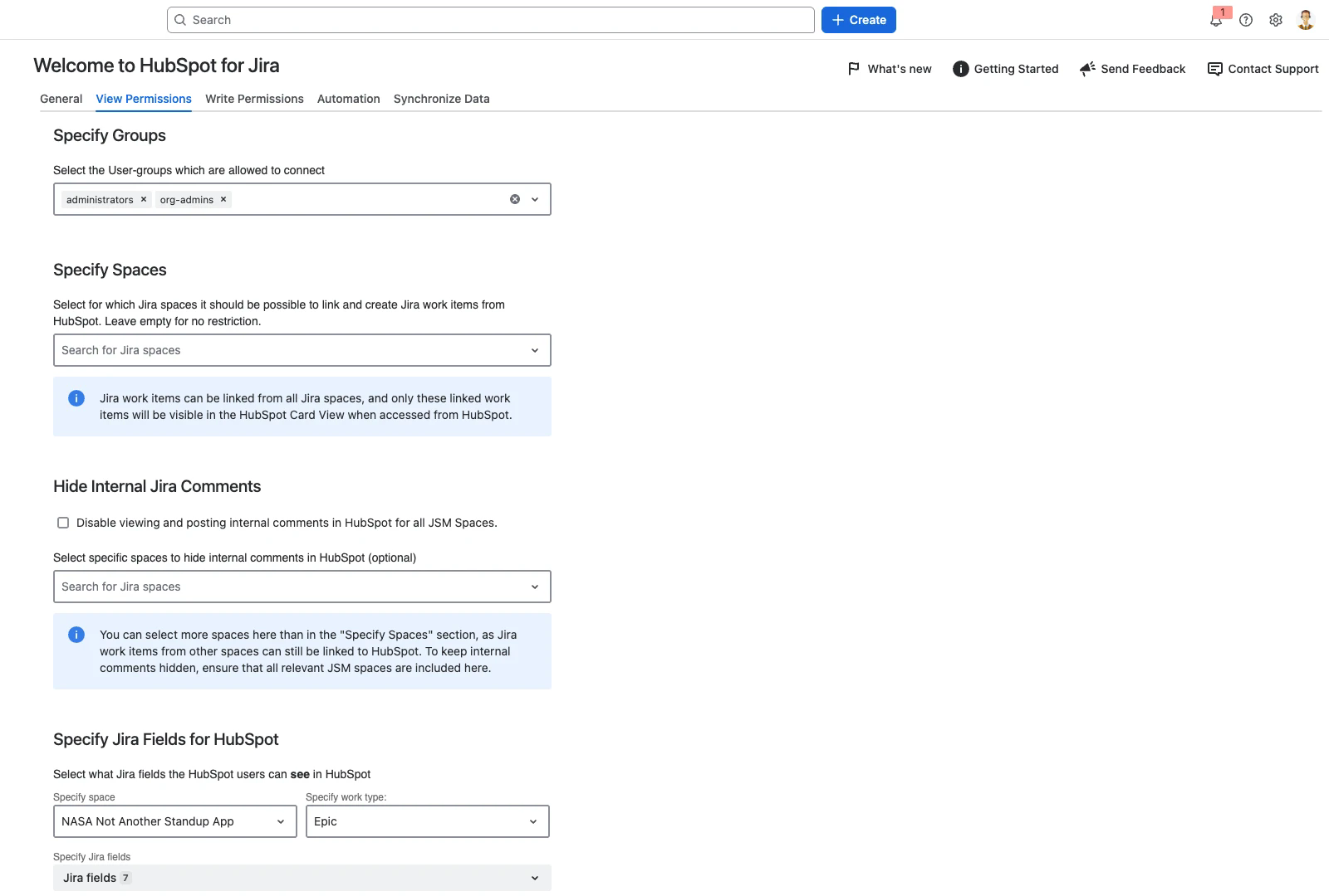 View Permissions tab of the HubSpot CRM Configuration