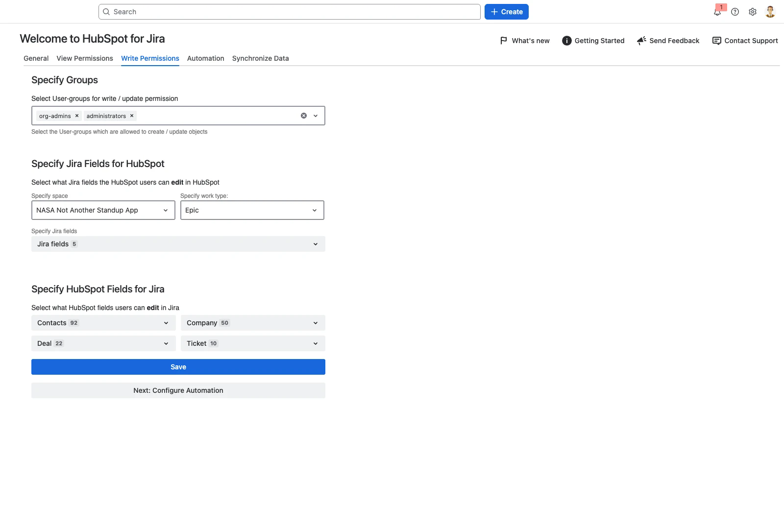 Write Permissions tab of the HubSpot CRM Configuration