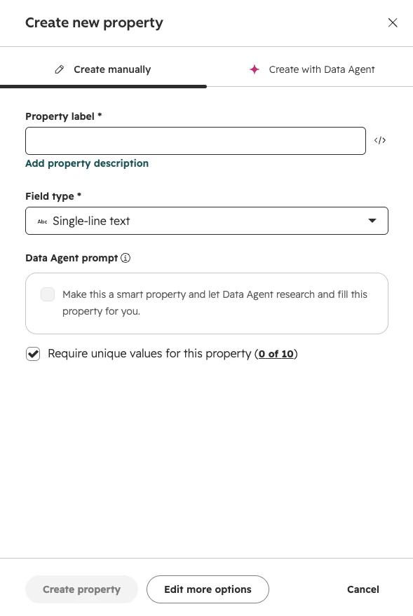 HubSpot Create new property dialog with Require unique values ticked