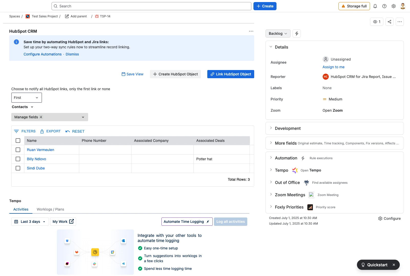HubSpot CRM panel on a work item showing three linked contacts