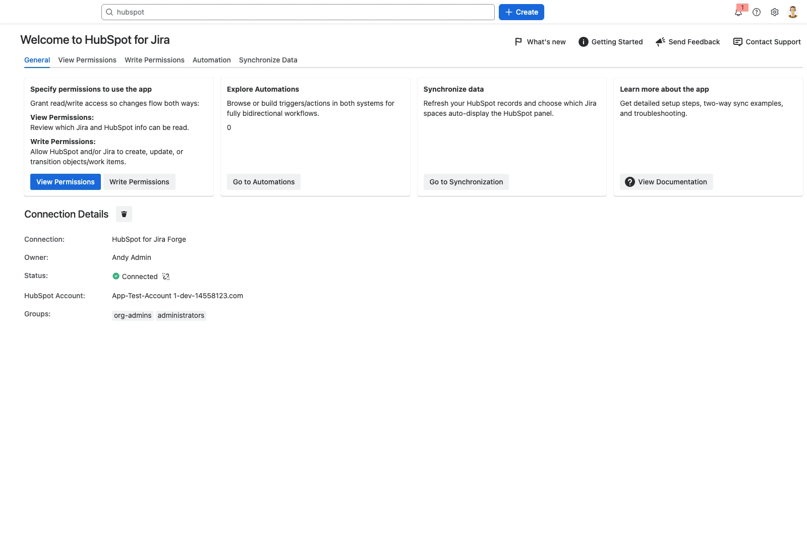 General tab showing the connected HubSpot portal