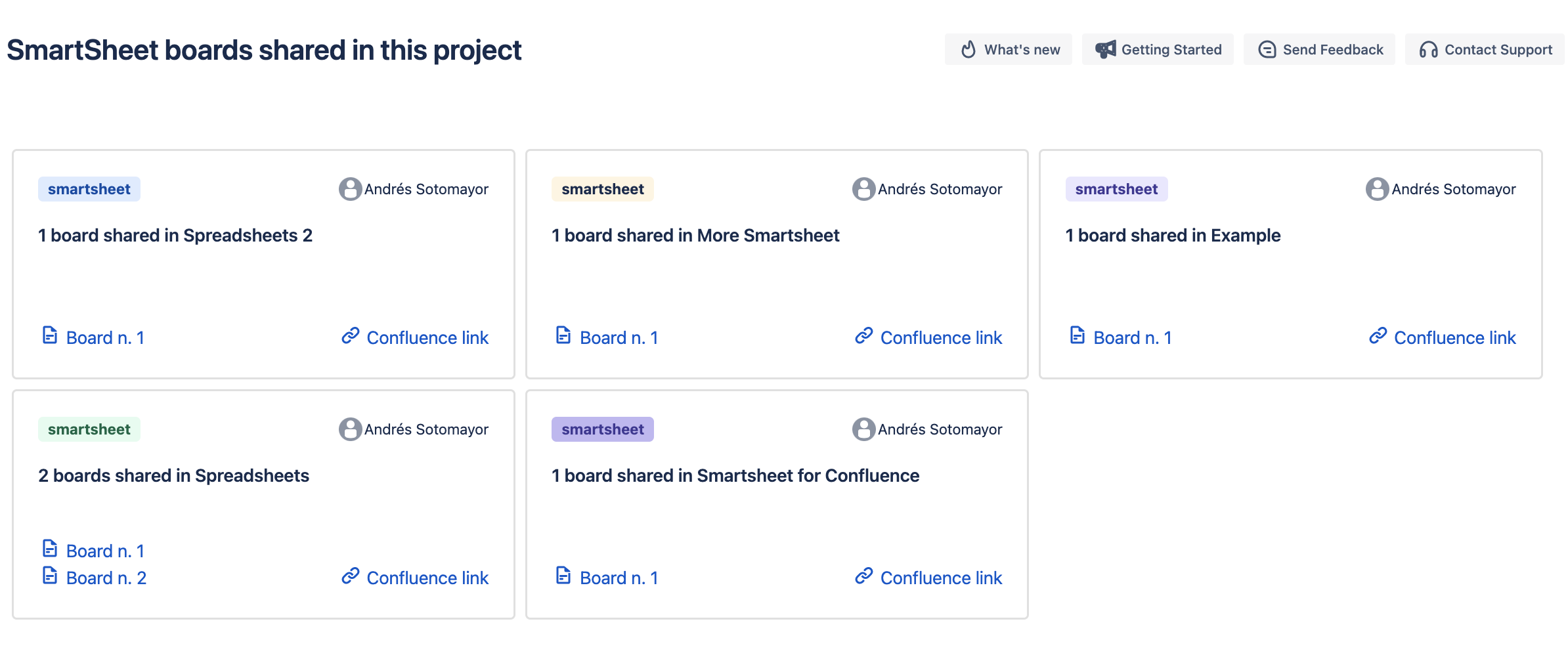 Gallery view of Smartsheet boards embedded in a Confluence space