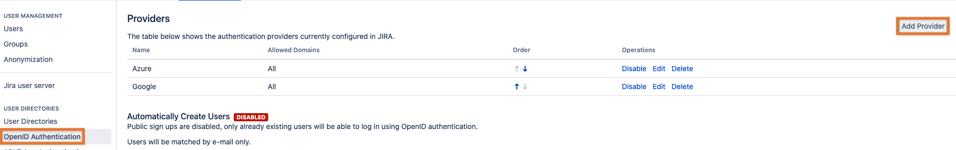 In Jira or Confluence navigate to the User Management section and click on the OpenID Authentication link and click on the Add Provider button
