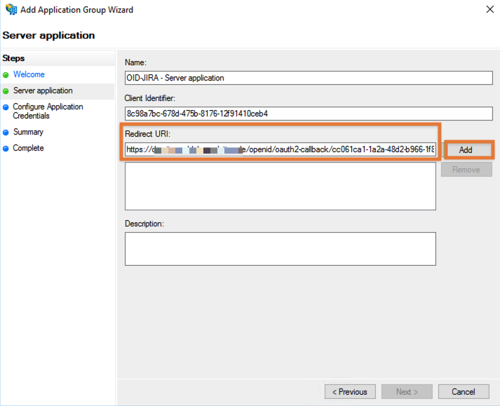 Leave the configuration as it is, switch back to AD FS again, paste and Add the callback URL and click Next