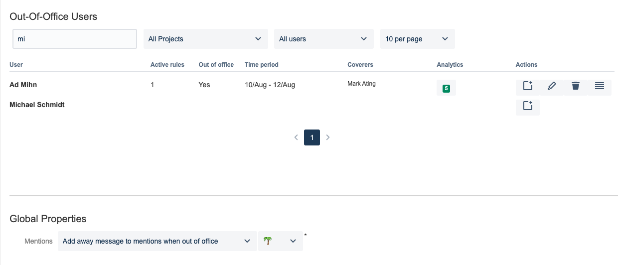 Search options in Jira's Out of Office User list
