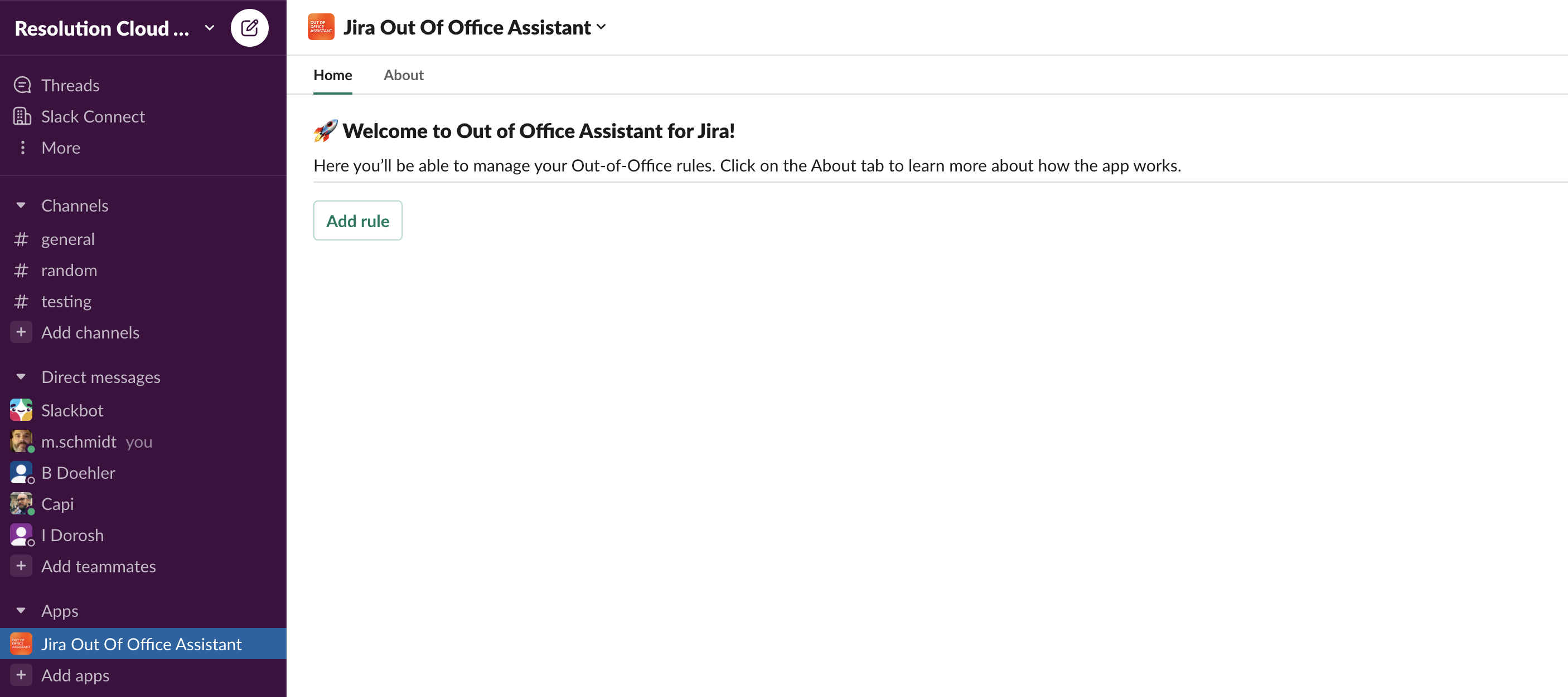 Home Tab of the Out of Office Assistant for Jira app for Slack