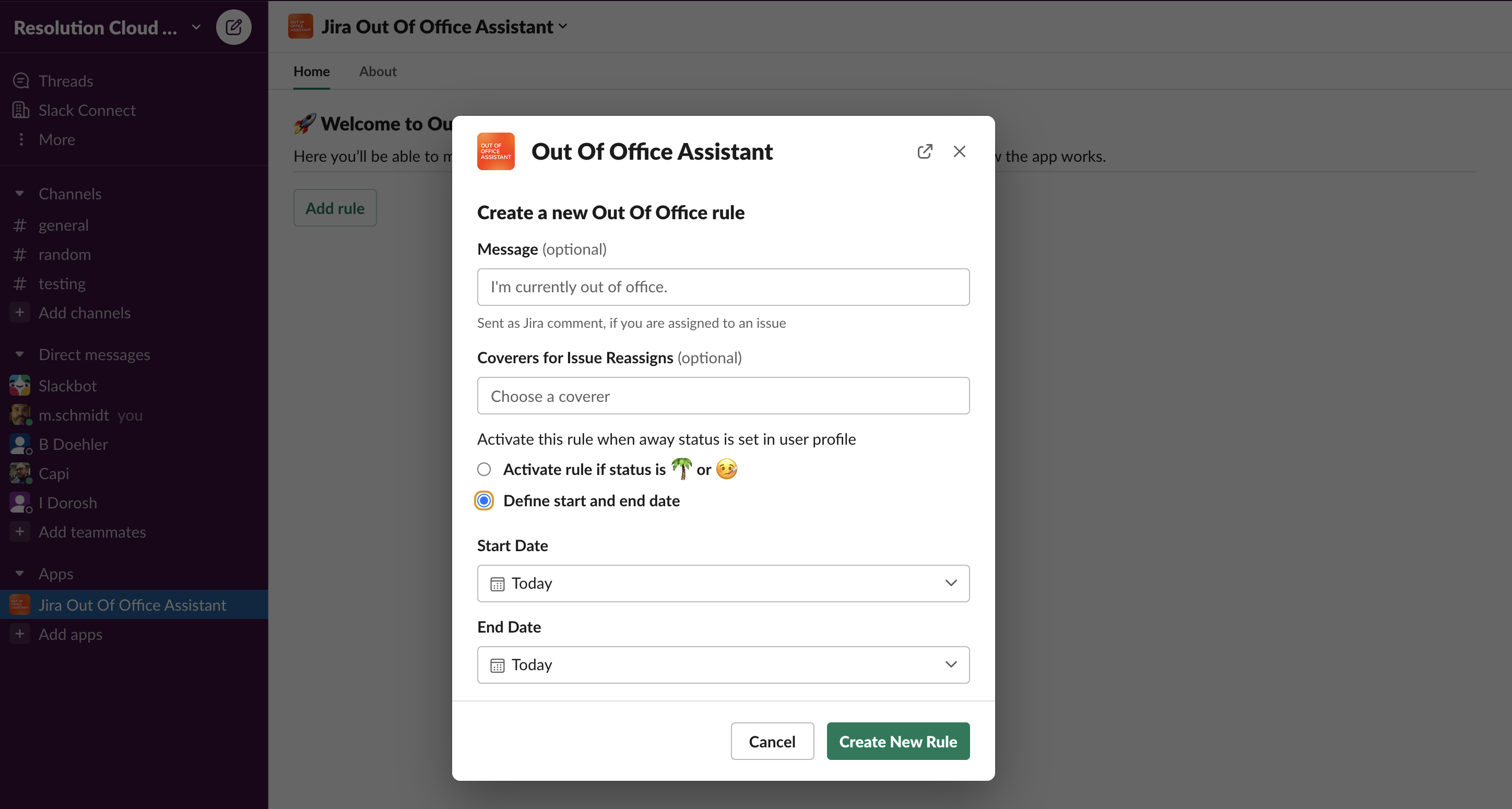 Form in the app for Slack to create an Out of Office rule