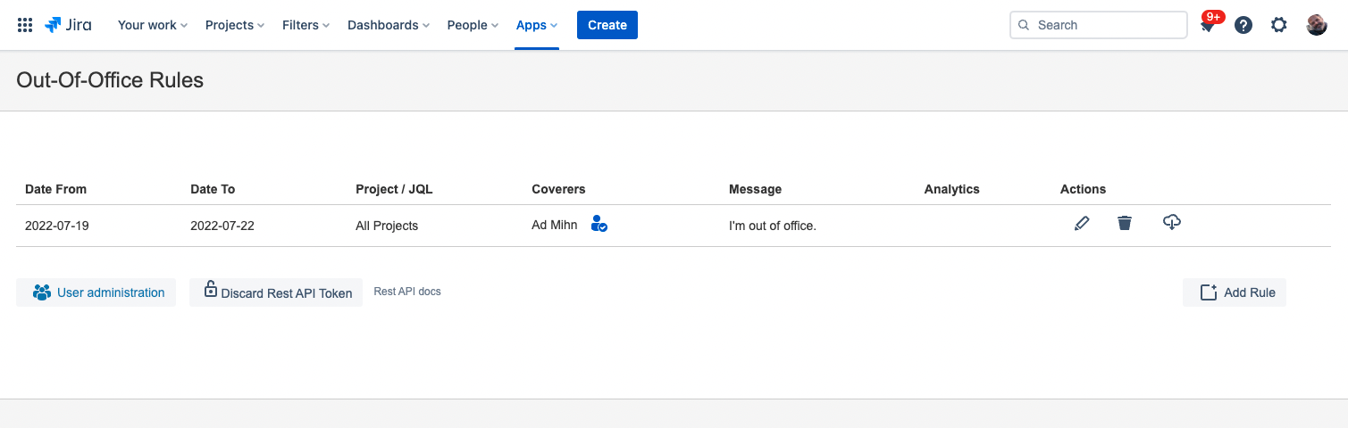 View of an Out of Office rule in Jira which has been created from Slack