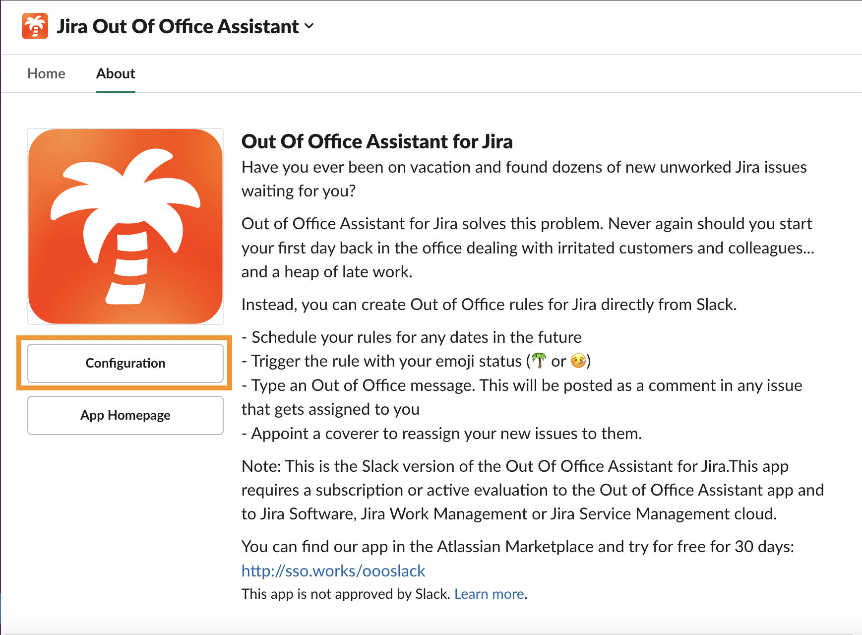 About tab in the App for Slack - Out of Office Assistant for Jira 
