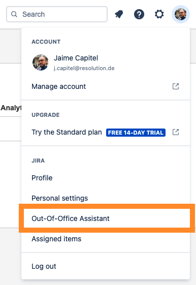 Finding the app in the user profile dropdown