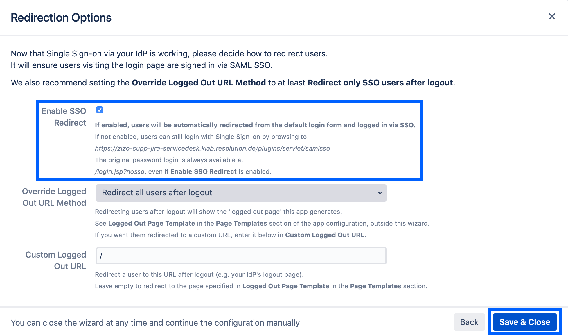 Enable SSO Redirection