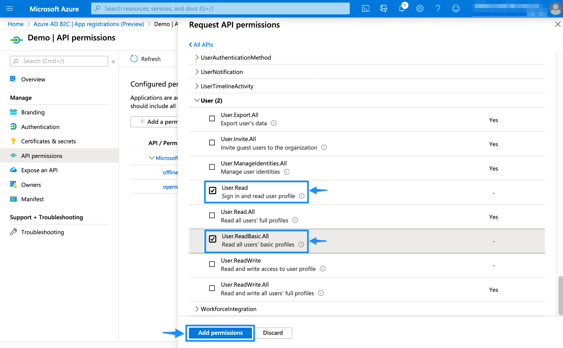 Delegated Permissions Azure AD B2C