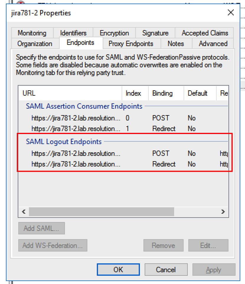 check that the signing certificate and the logout endpoints are included in the configuration