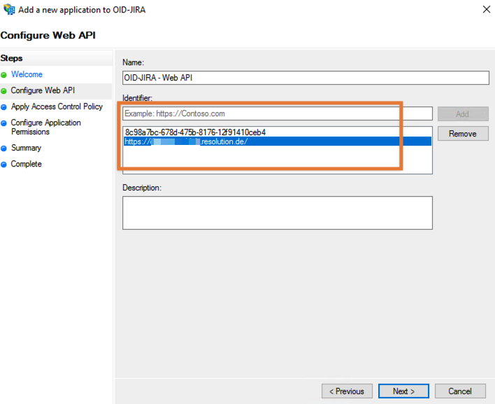 In Identifier, add the Base URL of your Jira or Confluence and the AD FS Server app client ID from earlier and click Next