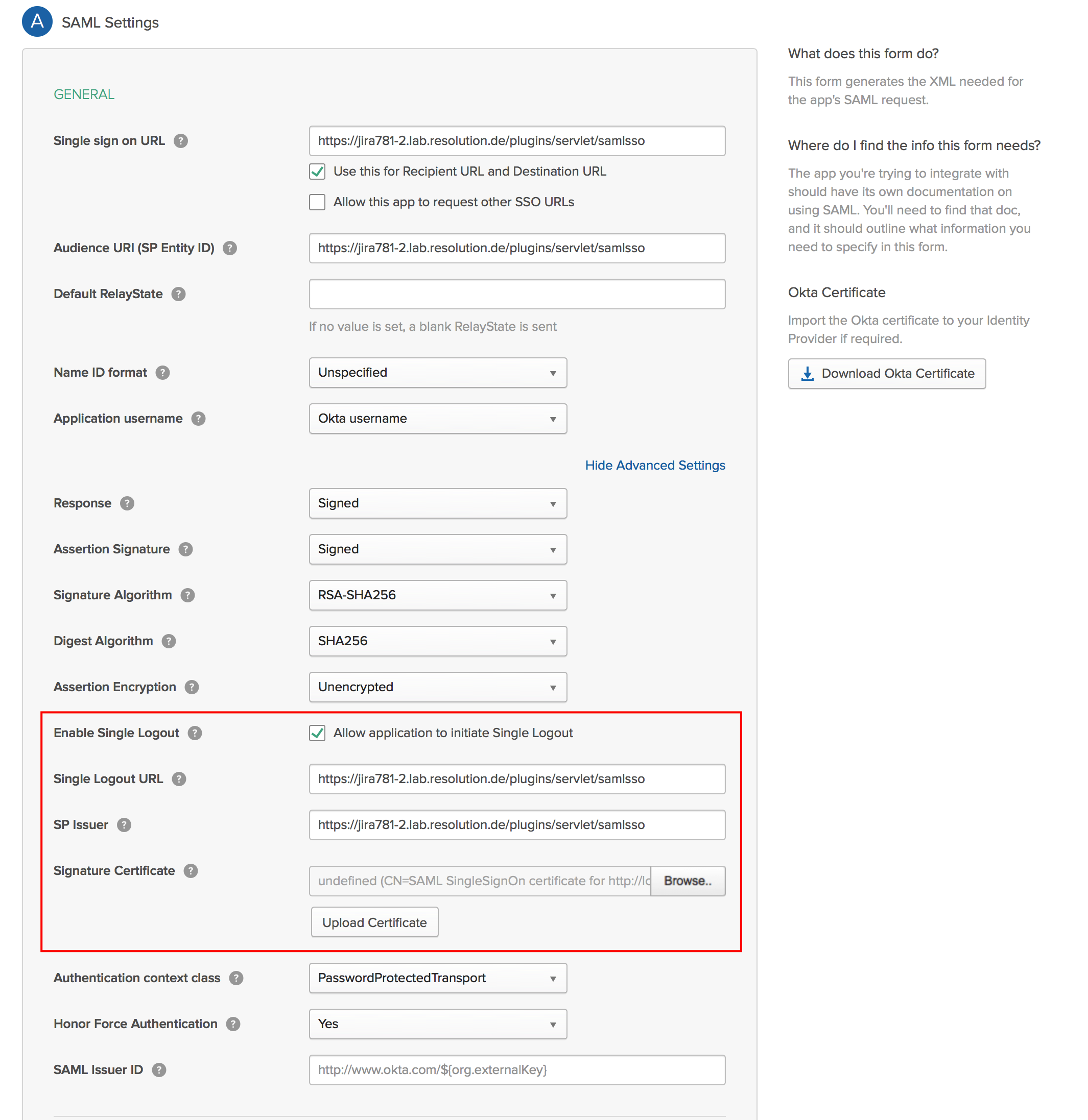 Set the appropriate values in the Application's SAML-settings