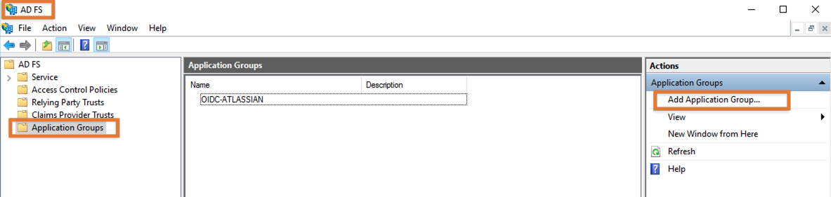 Open the AD FS administration console on your Windows Server and add a new Application Group