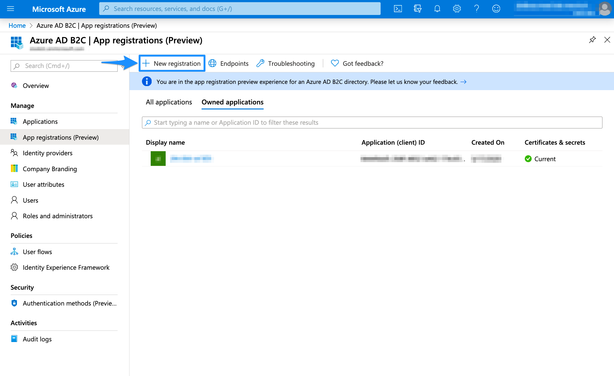 Azure AD B2C App Registration New Registration (Preview)