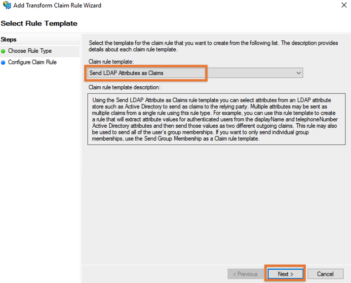 Select the Send LDAP Attributes as Claims template and click Next