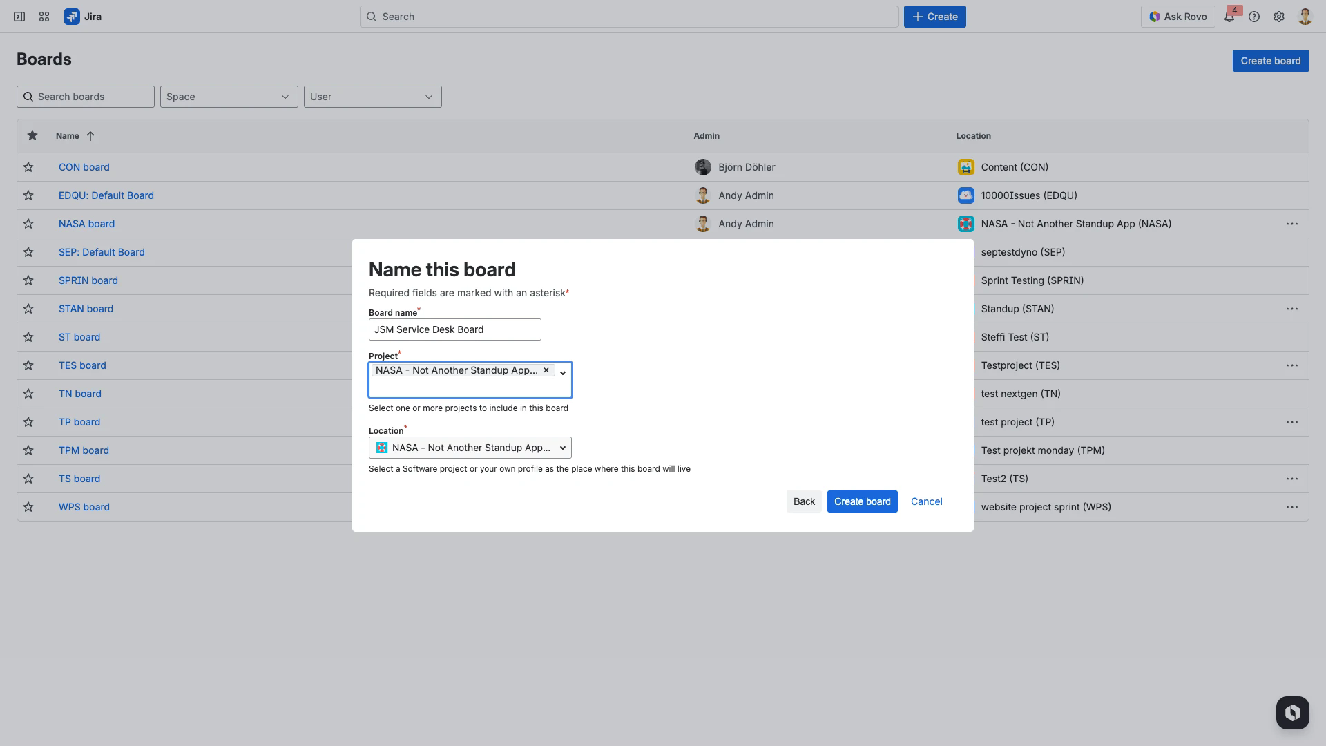 Completed board creation form with JSM project selected