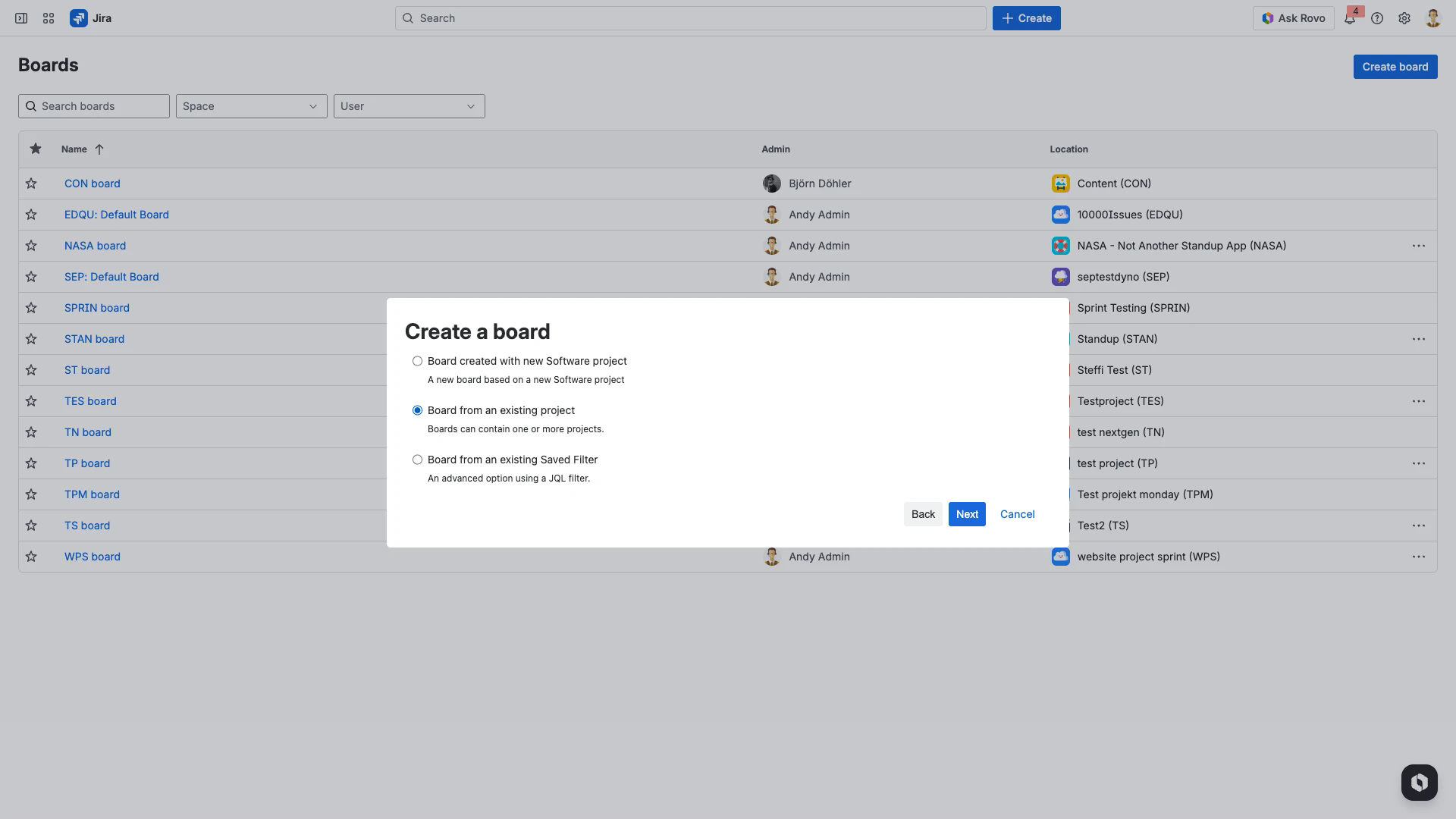 Board source selection showing project and filter options