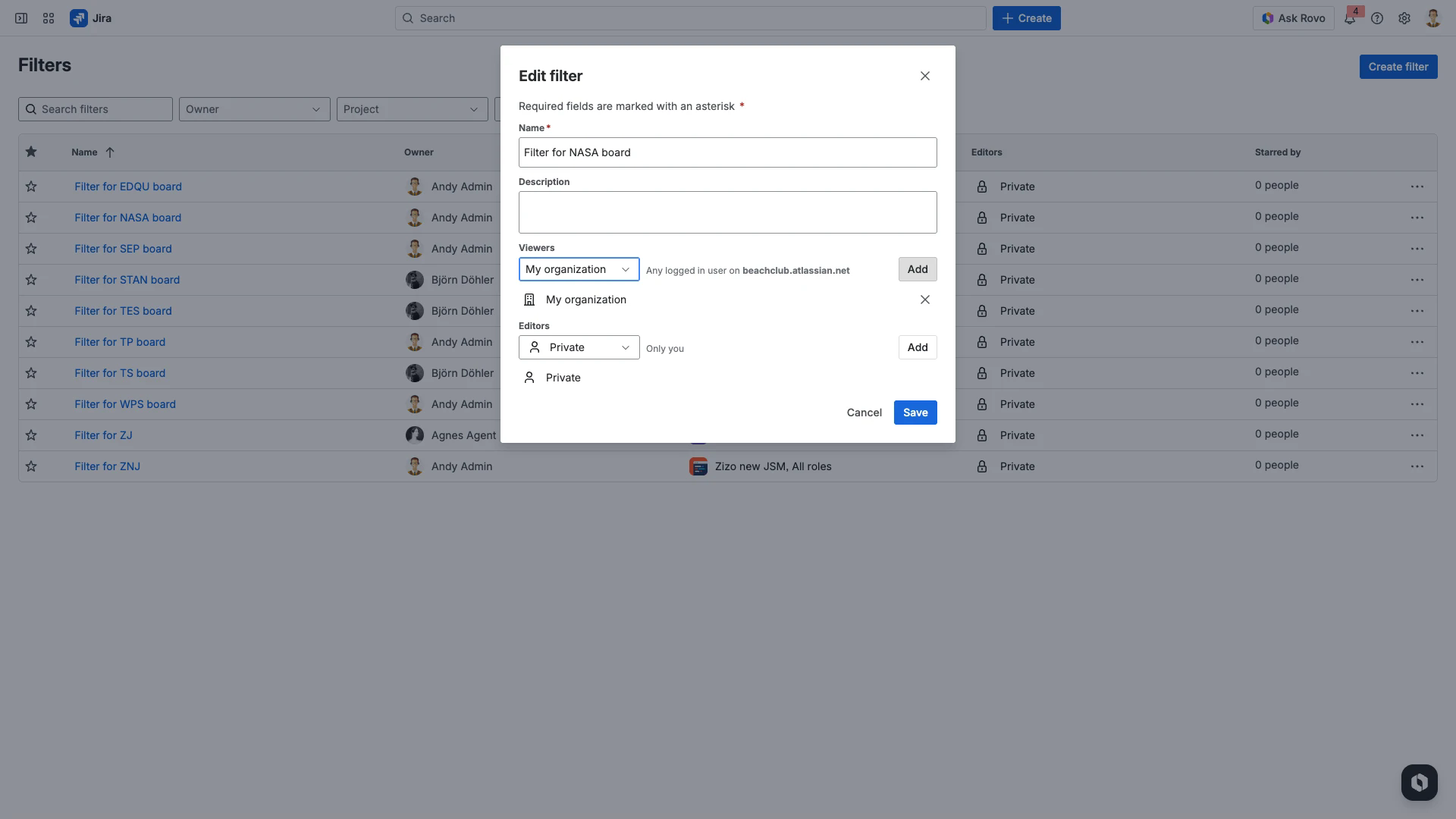 Jira filter sharing dialog with Viewers set to My organisation
