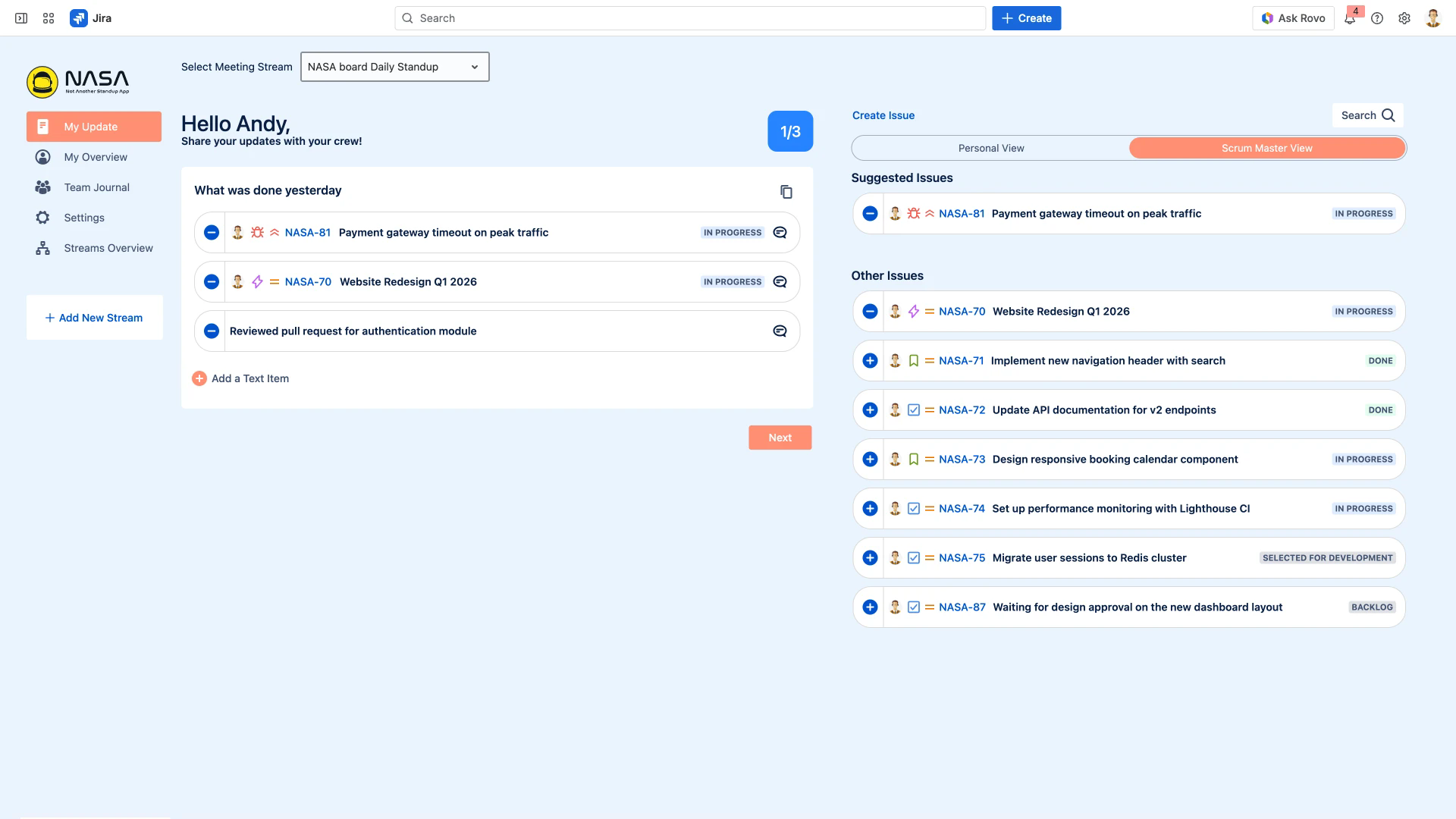 My Update preparation view showing standup questions and suggested issues