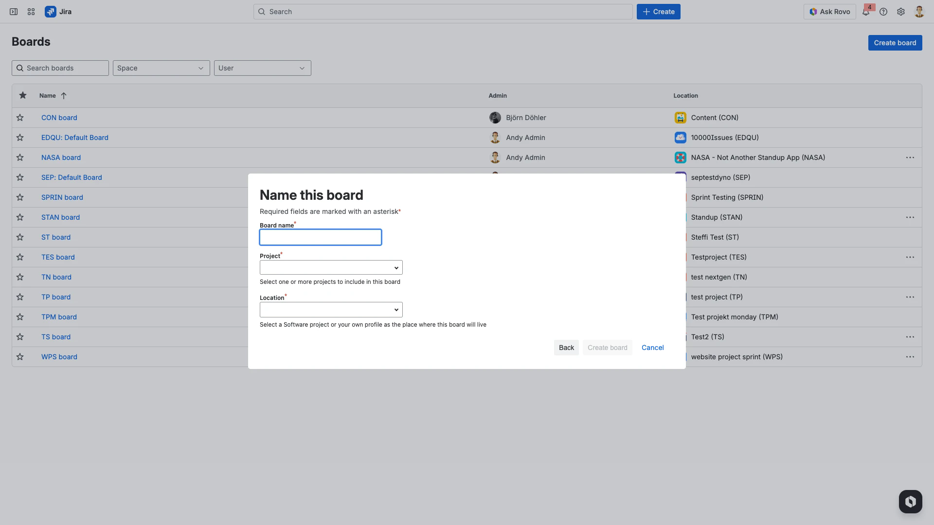 Empty board creation form with name, project, and location fields