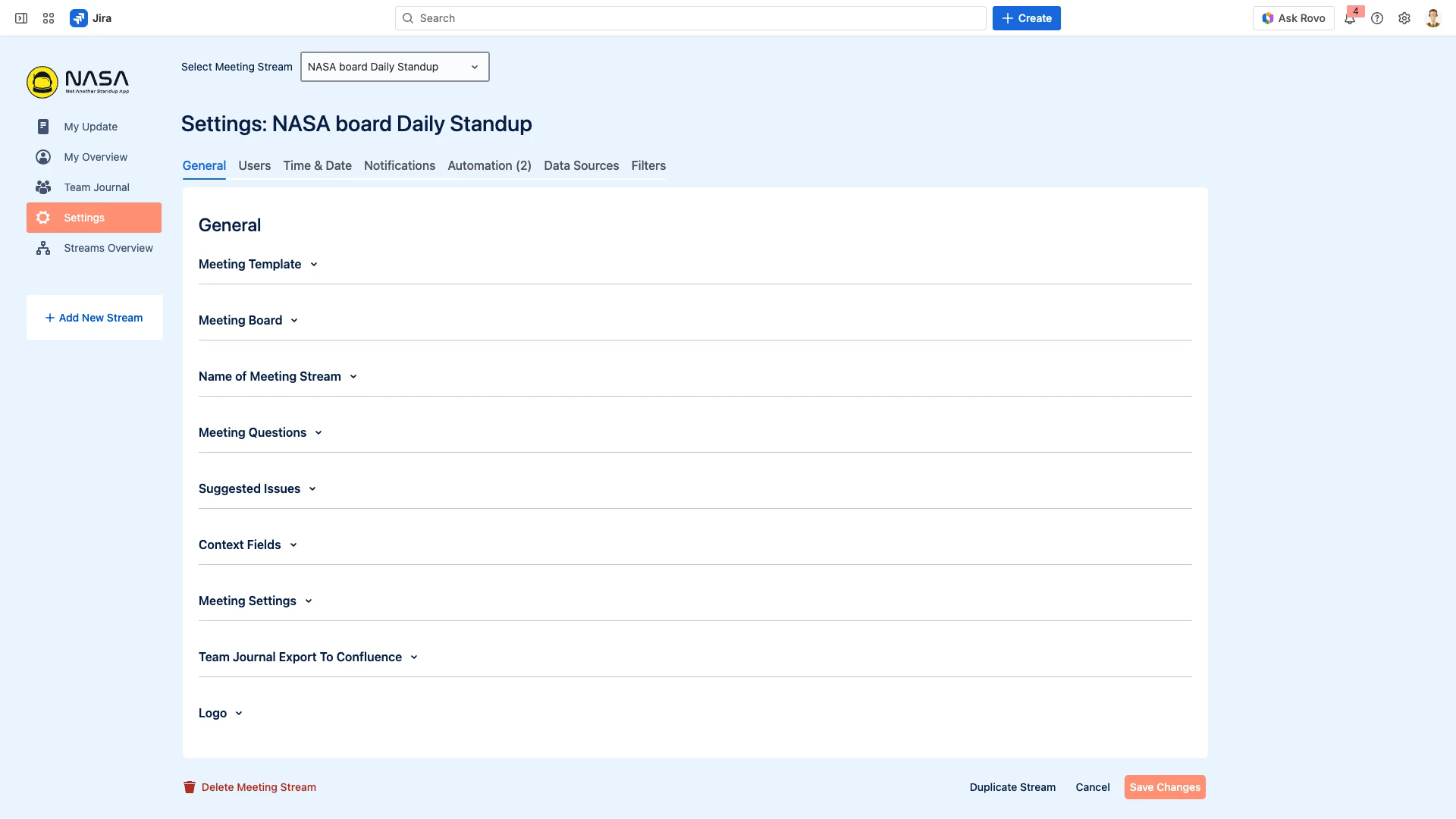 The Meeting Settings interface with the General tab selected and all configuration tabs visible