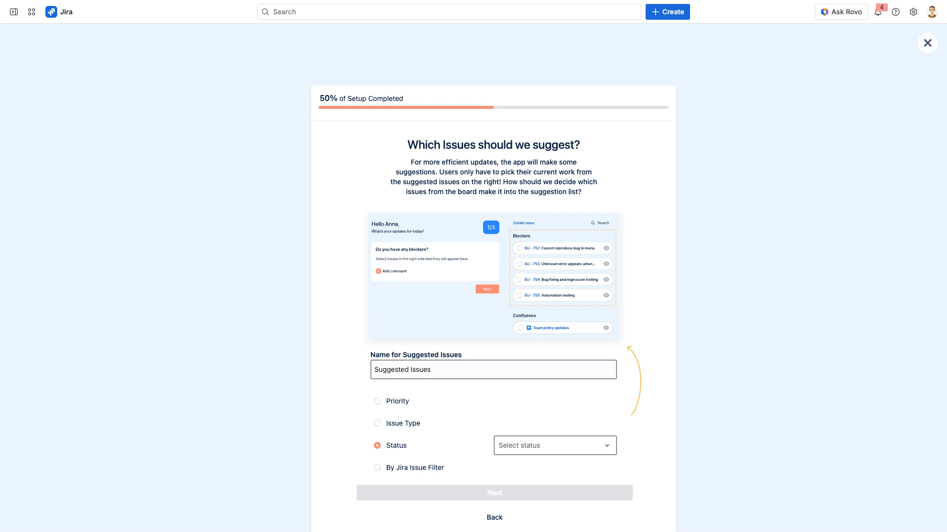 Status filter option selected in the Suggested Issues configuration